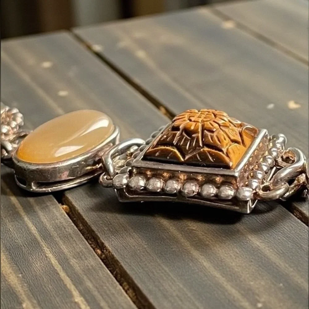 Whitney Kelly Sterling Silver Tiger’s Eye Jasper MOP Link Toggle Bracelet 7” - Picture 3 of 17